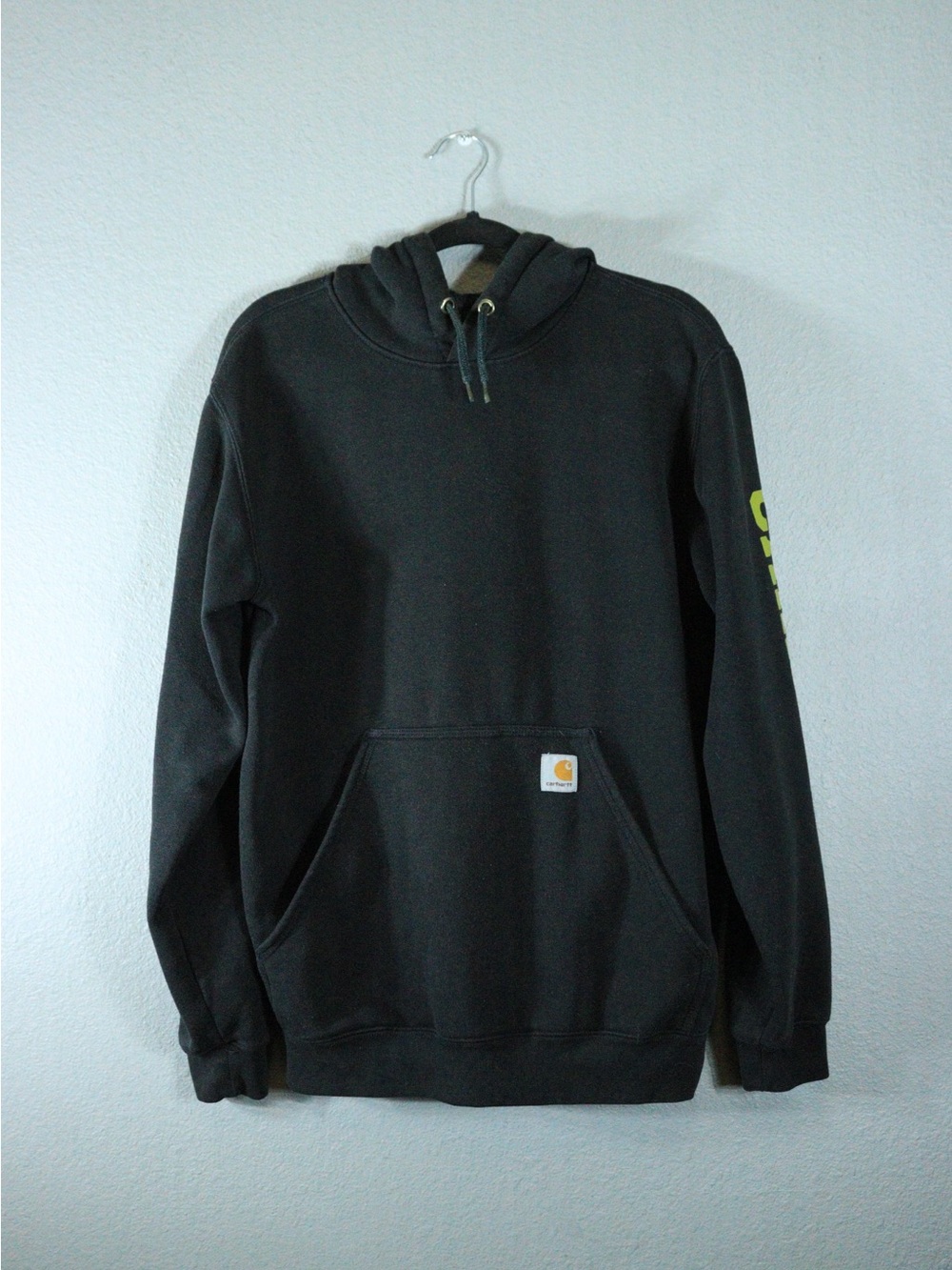 Carhartt Black Hooded Pullover with Lime Sleeve Print